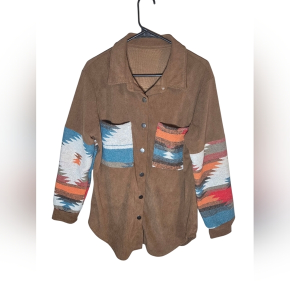 The Unbranded Brand Jackets & Blazers - Brown Corduroy Jacket with Aztec Patterned Sleeves, L, Oversized, Western